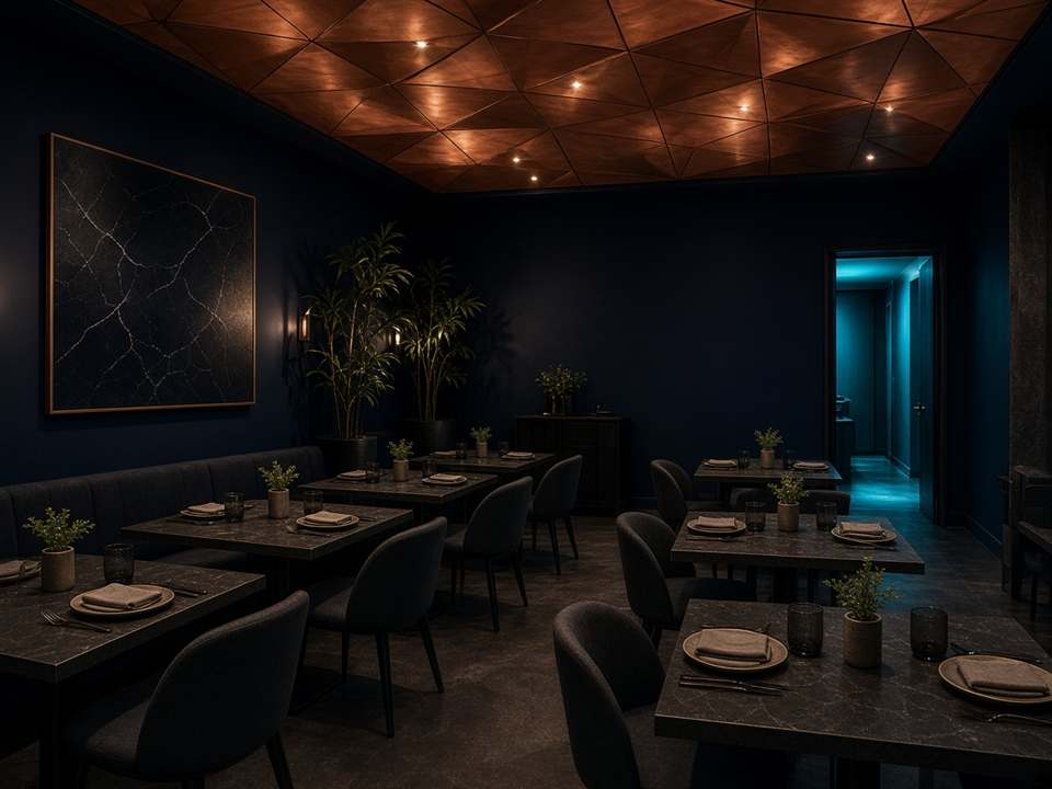 Salle de restaurant EatBurstFR, tables dressées sous un plafond de cuivre