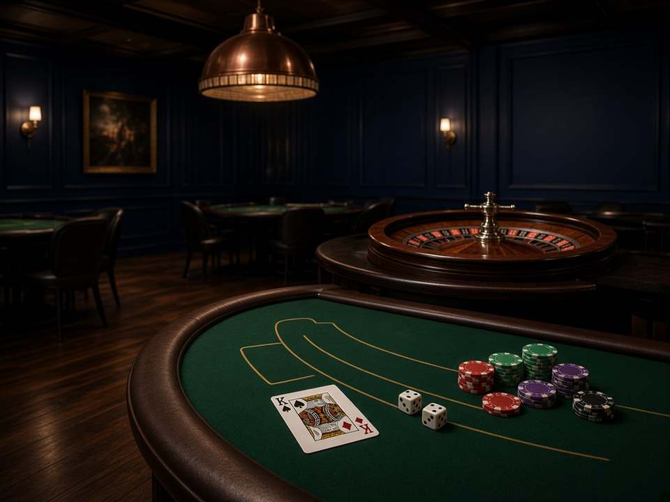 Tapis de jeu avec cartes, dés, jetons et roulette dans le salon EatBurstFR