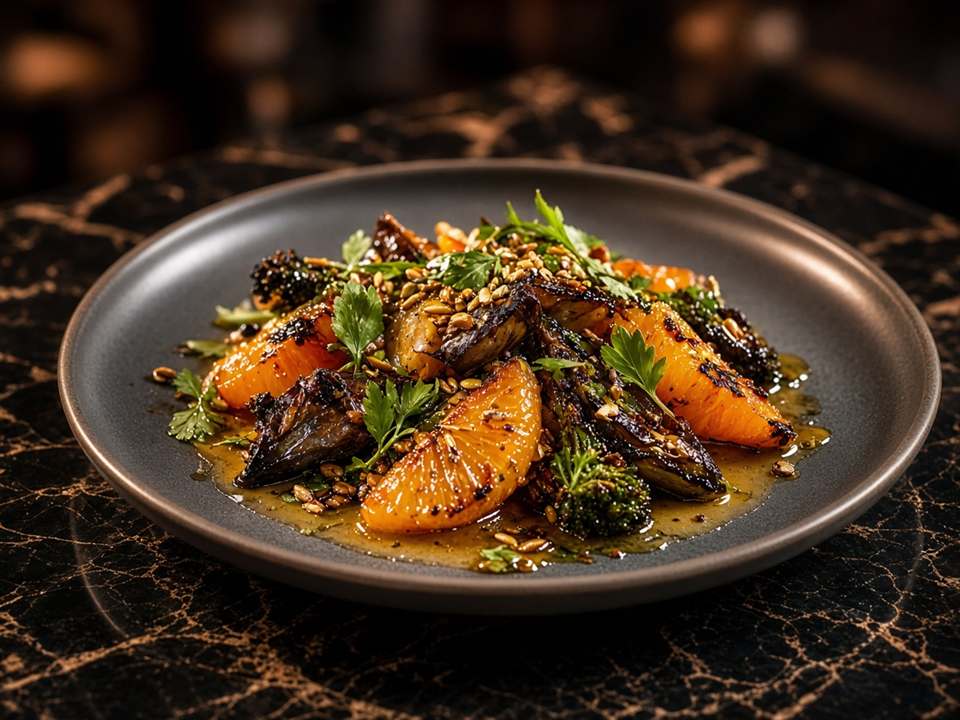 Assiette d'agrumes rôtis, légumes grillés, herbes et graines